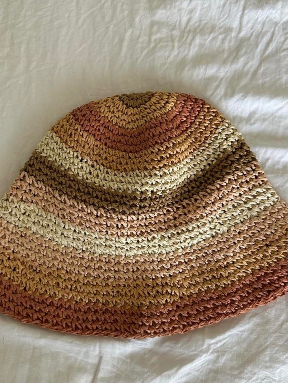 Handcrafted Striped Crochet Bucket Hat — Tan, Cream & Brown